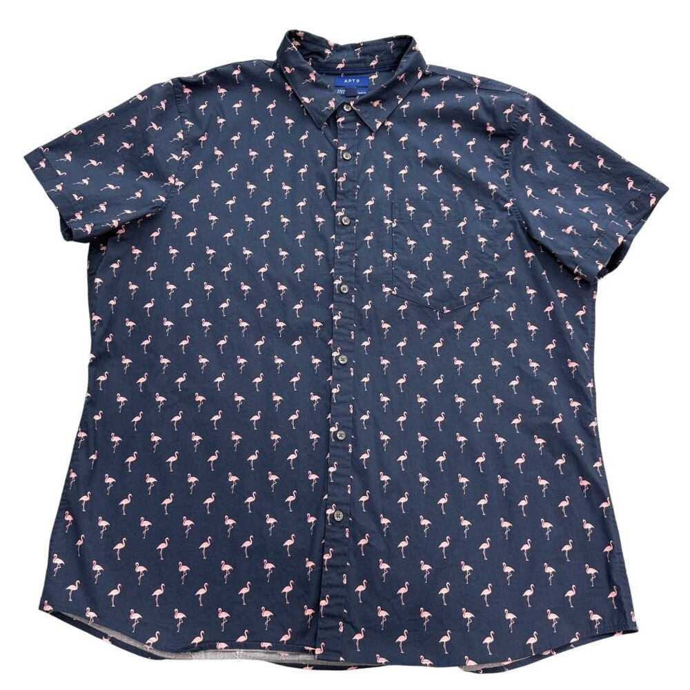 Apt.9 Flamingo Shirt Mens XXL Preppy Navy Pink Short Sleeve Button Up Slim Fit